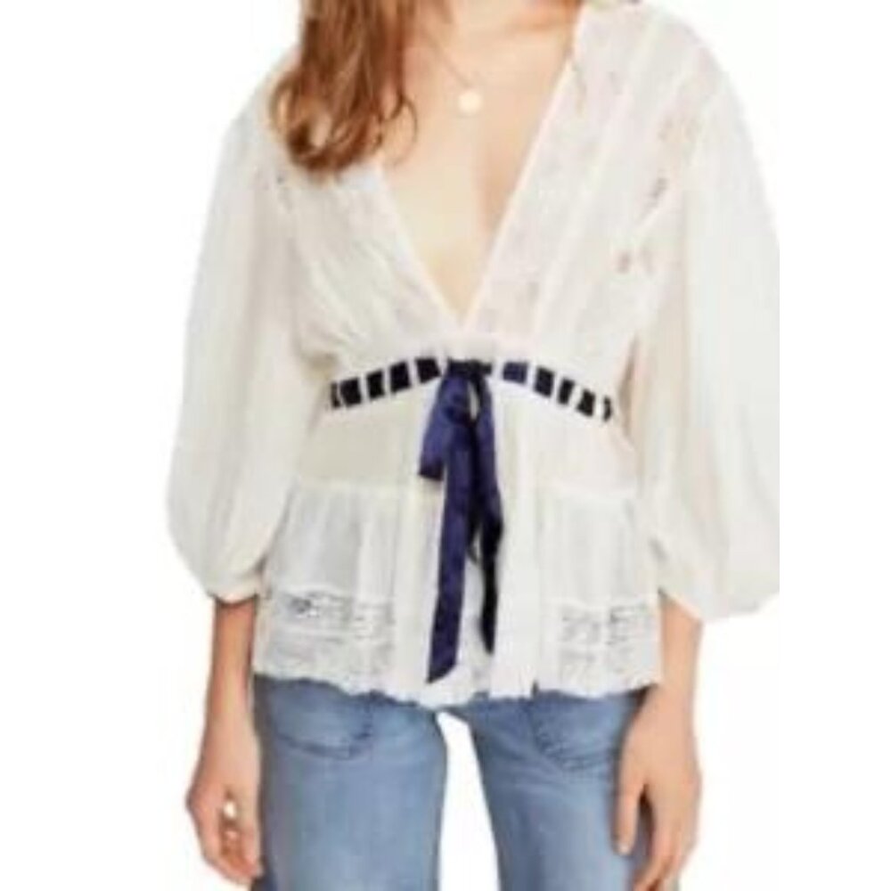 Free People Blouse Ivory V Neck Lace Ribbon Bohemian Long Sleeves S/M Romantic
